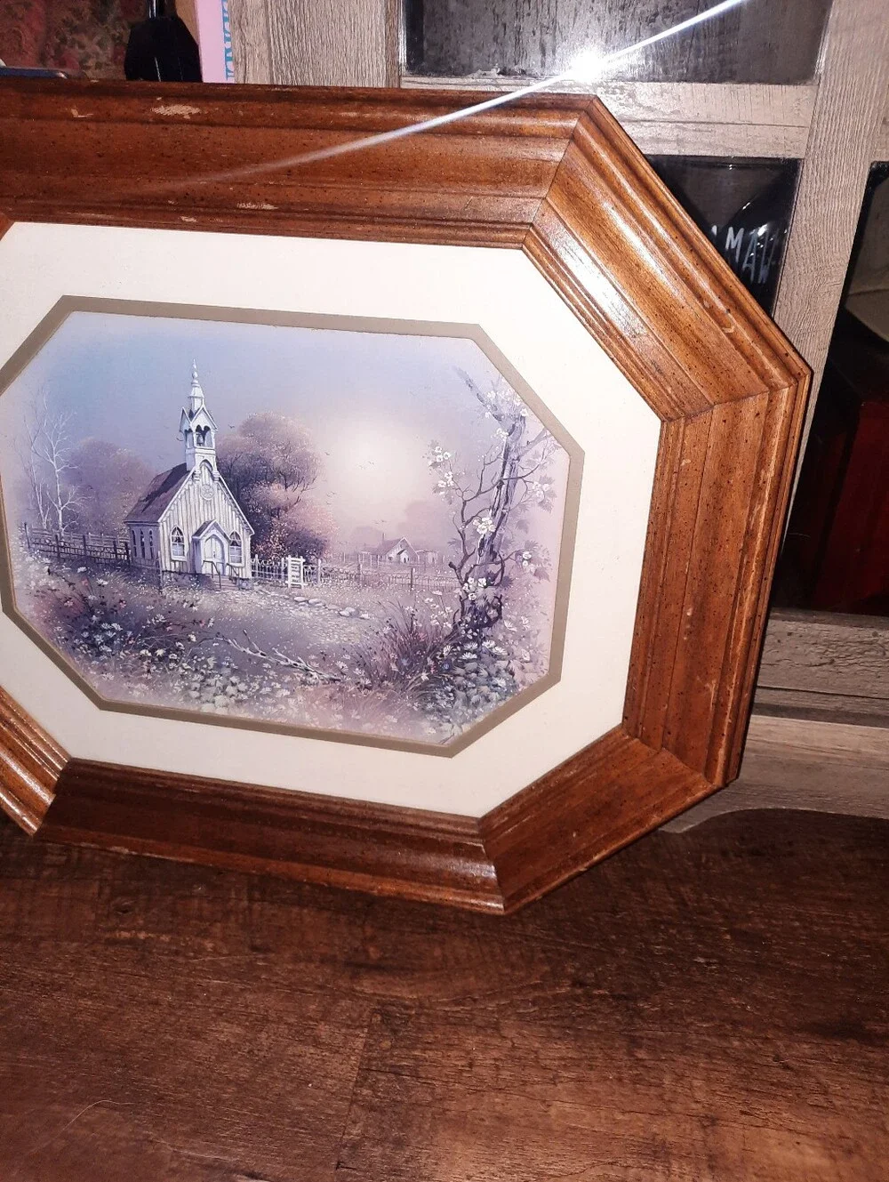 Vintage Framed Homeco Pastel Chapel Print in Brown Octagonal Frame